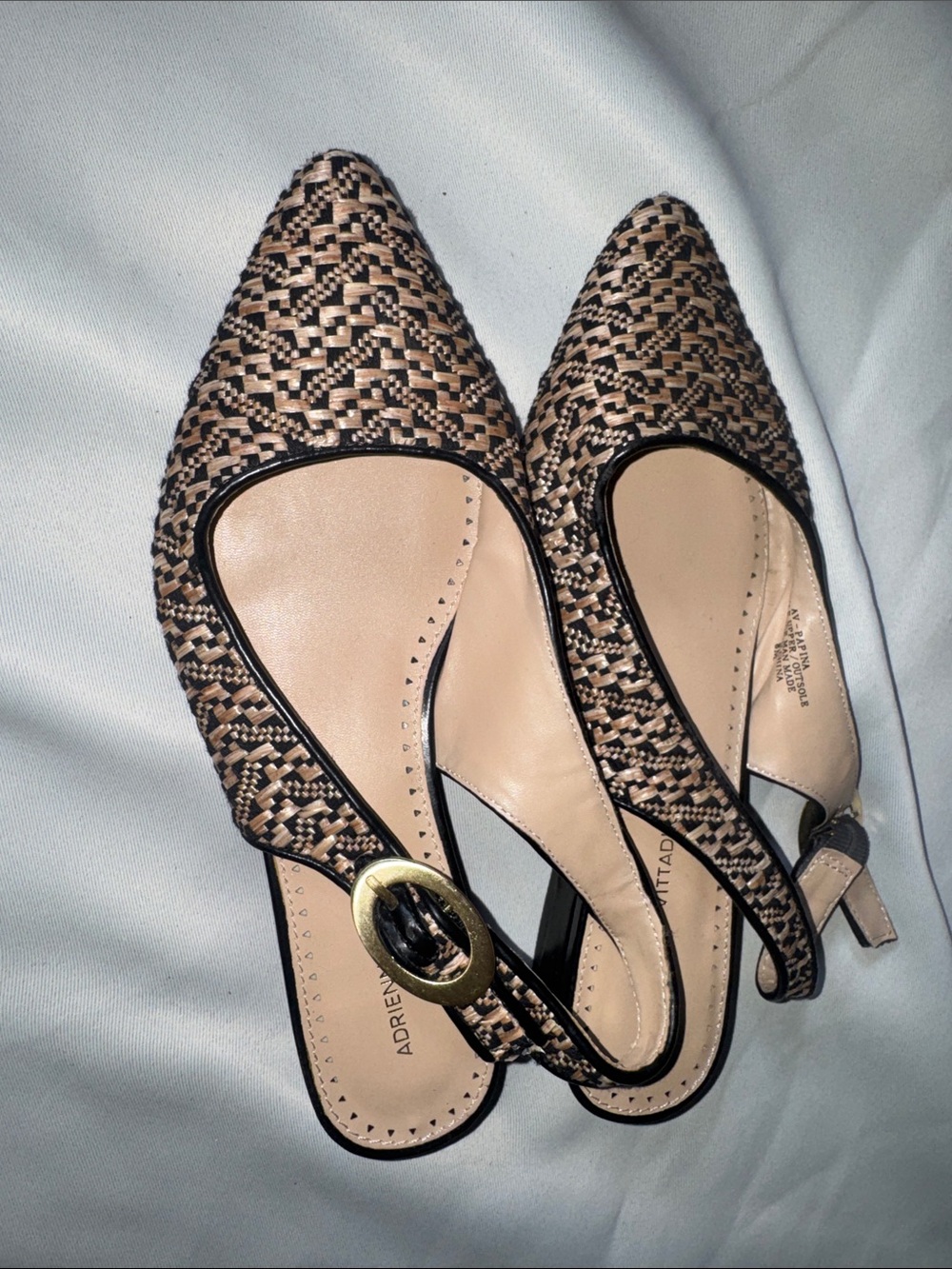 Adrienne Vittadini Black and Tan Woven Slingback Flats with Gold Buckle